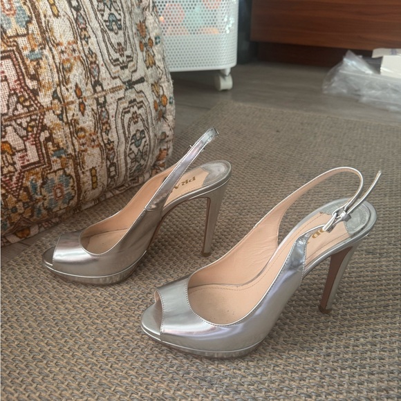 Silver PRADA Peep-Toe Slingback Heels - Picture 1 of 4